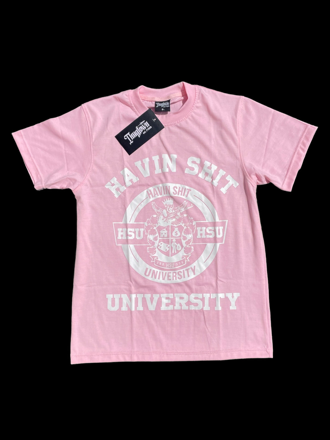 Pink having college university tee